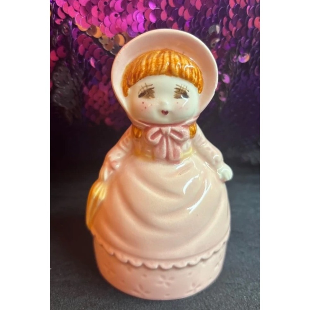 Vintage Lefton China Hand Painted Girl in Pink Bonnet Ceramic Bell Japan 5925